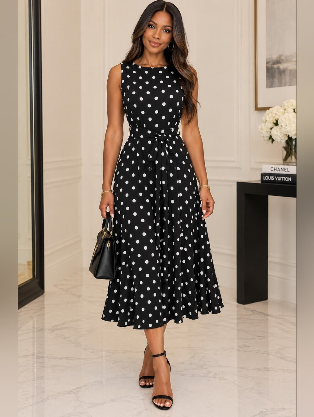 Lauren Ralph Lauren Polka Dot Midi Dress Black White Sleeveless Belted Size 8